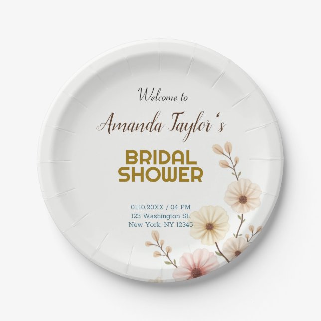 Gold White Colour Minimalist Bridal Shower Paper Plate (Front)