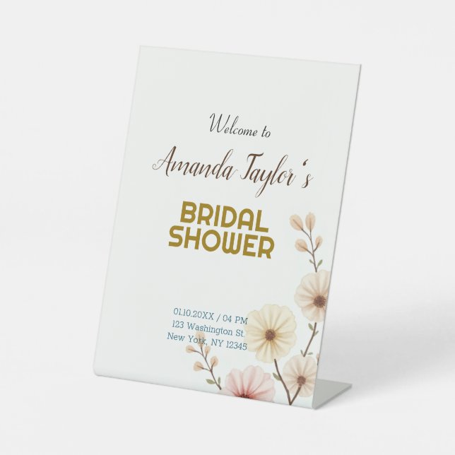 Gold White Colour Minimalist Bridal Shower Pedestal Sign (Front)