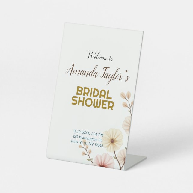 Gold White Colour Minimalist Bridal Shower Pedestal Sign (Front)