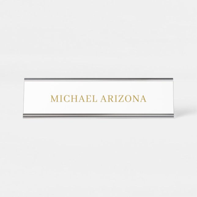 Gold & White Colour Minimalist Simple Plain Modern Desk Name Plate (Front)