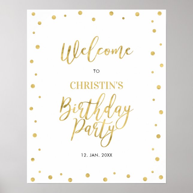 Gold & White Confetti Adult Birthday Party Welcome Poster (Front)