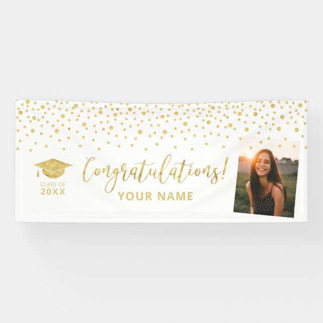 Gold & White Confetti Congratulation Graduation  Banner (Horizontal)