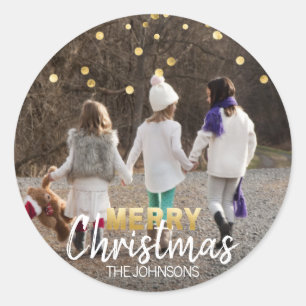 Gold White Confetti Merry Christmas   PHOTO Classic Round Sticker