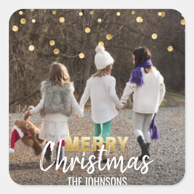 Gold White Confetti Merry Christmas | PHOTO Square Sticker (Front)