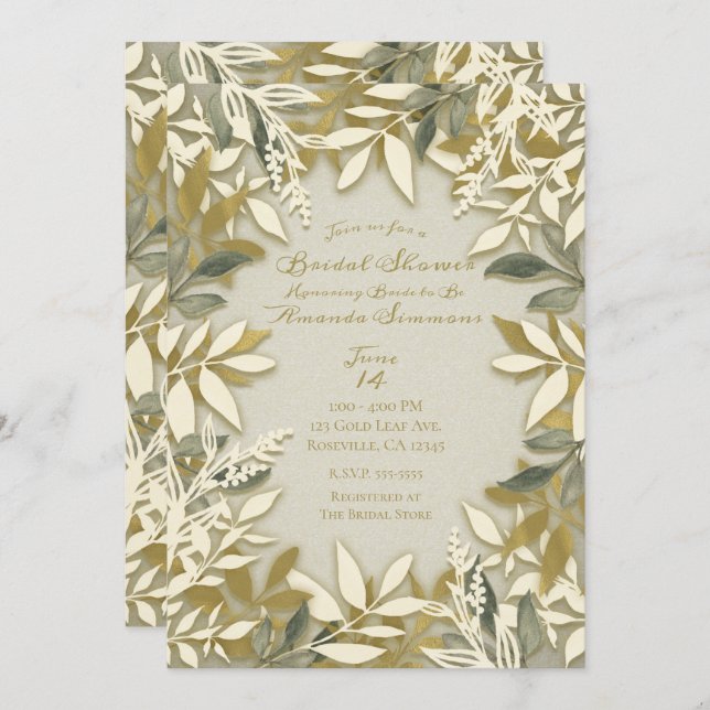 Gold White Cream Ecru Botanical Leaves Bridal Invitation (Front/Back)