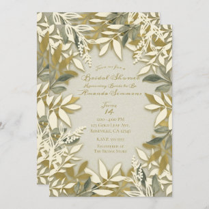 Gold White Cream Ecru Botanical Leaves Bridal Invitation