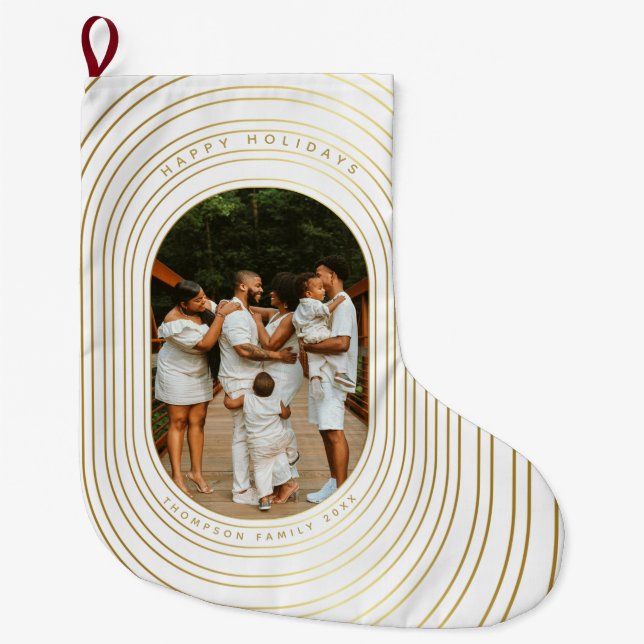 Gold White Custom Photo Family Christmas  Large Christmas Stocking (Front)