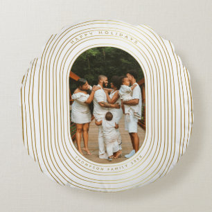 Gold White Custom Photo Family Christmas Round Cushion