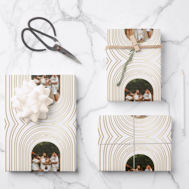Gold White Custom Photo Family Christmas Wrapping Paper Sheet (Front)