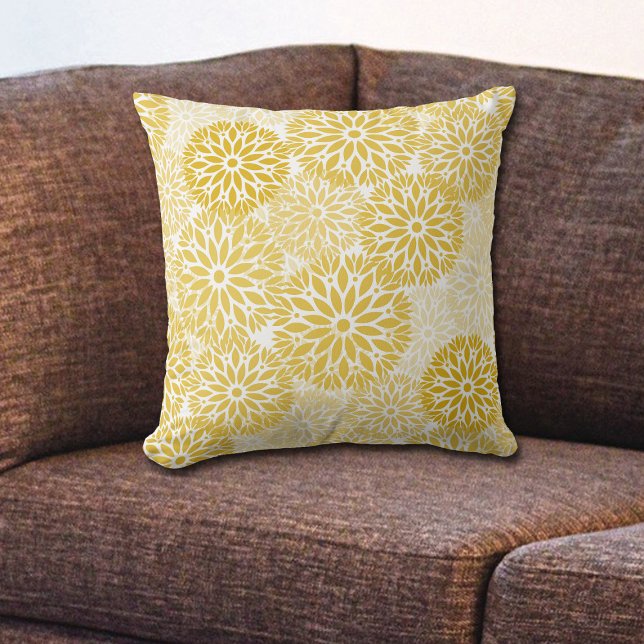 Gold White Dahlia Flower Pattern Throw Pillow (Creator Uploaded)
