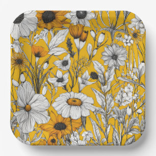 Gold White Daisy Boho Wildflower Paper Plate