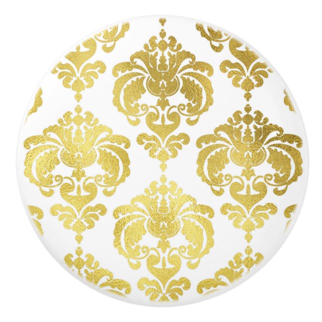 Gold & White Damask Elegant Bedroom Dresser Ceramic Knob (Front)