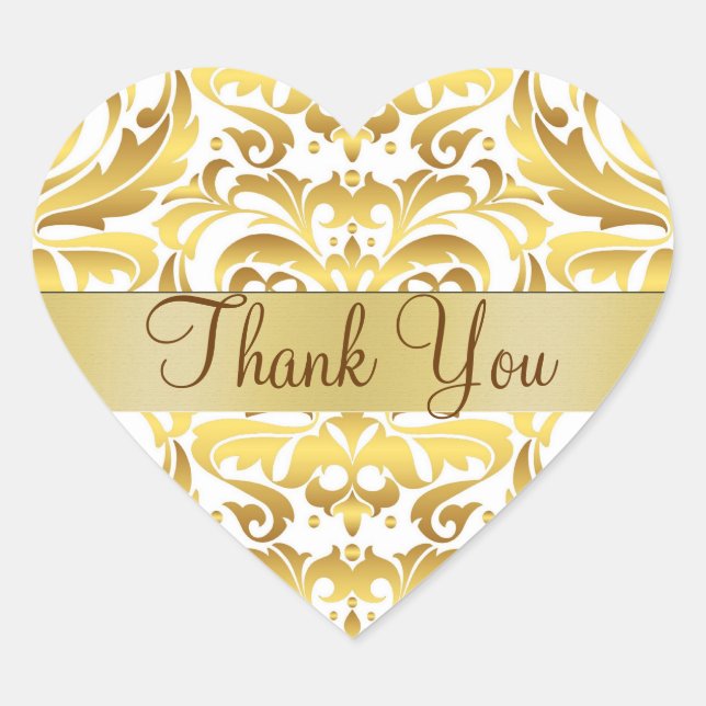 Gold & White Damask Thank You Heart Sticker (Front)