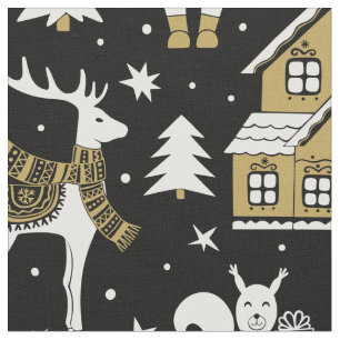 Gold White Deer Bear House Fairisle Black Pattern Fabric