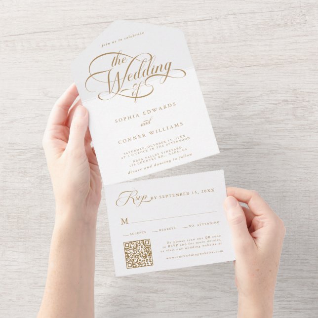Gold & White Delicate Elegant Script Wedding  All In One Invitation (Tearaway)