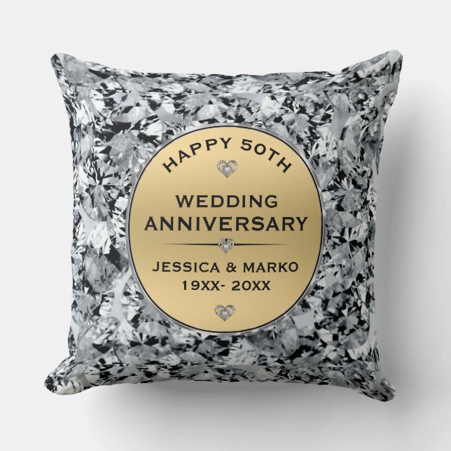 Gold & white diamonds 50th wedding Anniversary Cushion (Front)