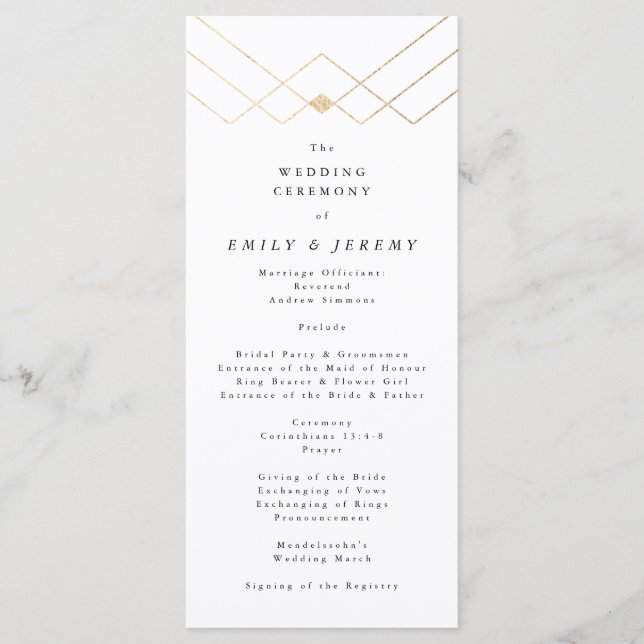 Gold White Elegance Diamond Geo Deco Wedding Programme (Front)