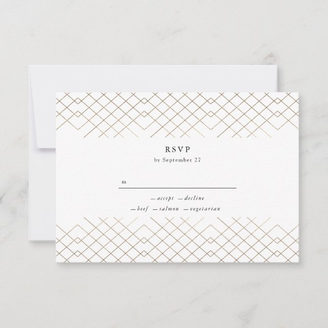 Gold White Elegance Diamond Geo Deco Wedding RSVP Card (Front)