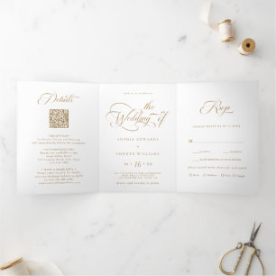 Gold & White Elegant Charm Script Wedding  Tri-Fold Invitation