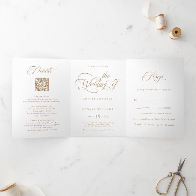 Gold & White Elegant Charm Script Wedding  Tri-Fold Invitation (Inside)