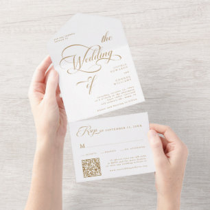 Gold & White Elegant Classy Calligraphy Wedding  All In One Invitation