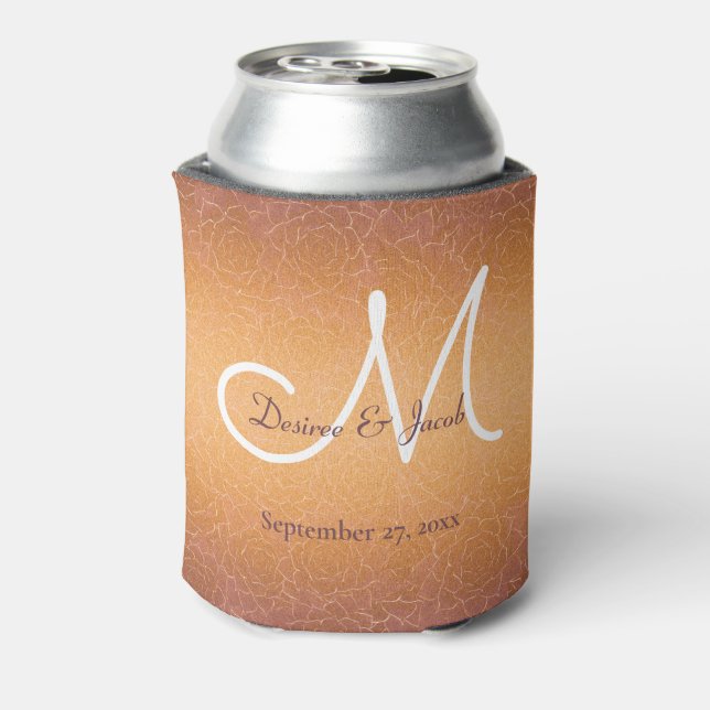 Gold White Elegant Floral Wedding Monogram Can Cooler (Can Back)
