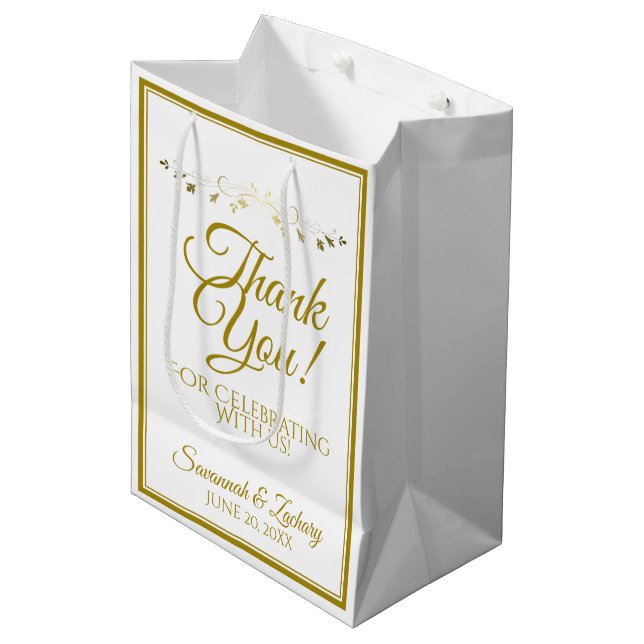 Gold & White Elegant Flourish Wedding Thank You Medium Gift Bag (Front Angled)