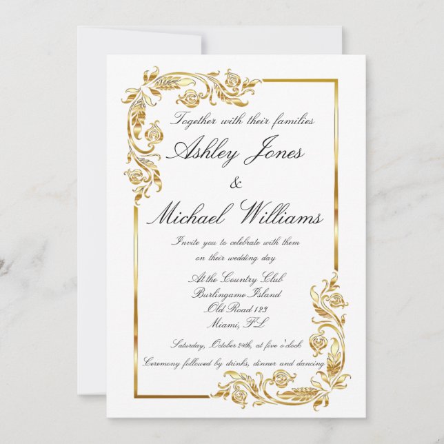 Gold White Elegant Glamourous Cordial Wedding Invitation (Front)