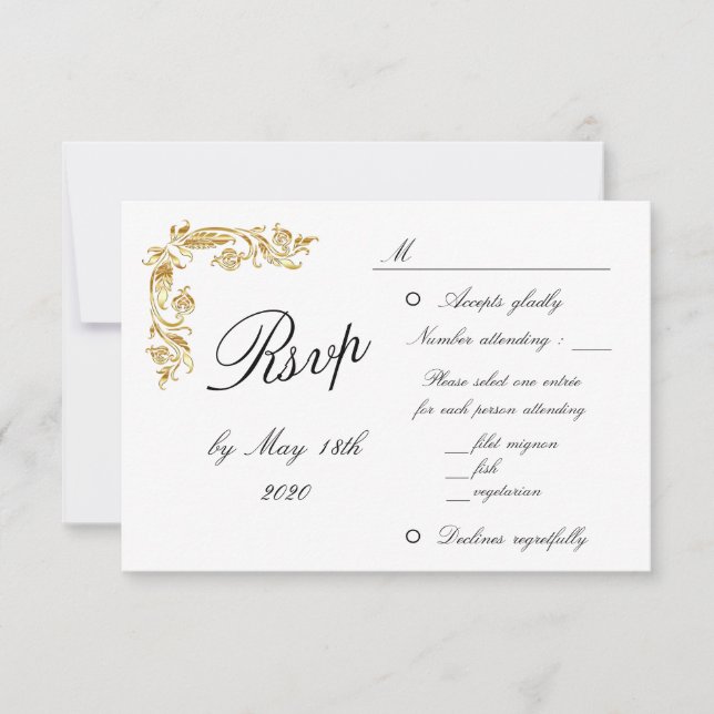Gold White Elegant Glamourous Wedding RSVP Card (Front)