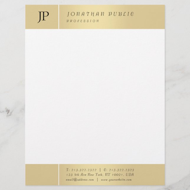 Gold White Elegant Monogrammed Modern Template Custom Letterhead (Front)