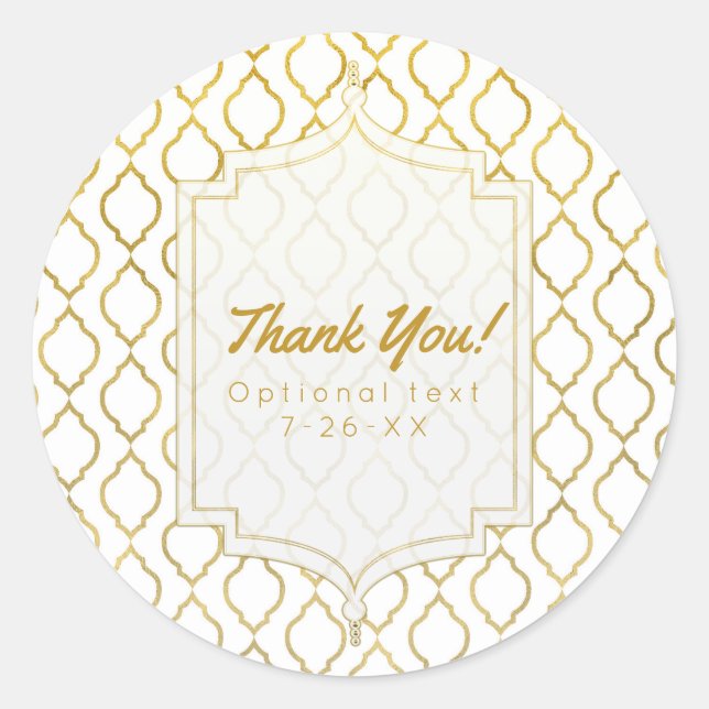 Gold & White Elegant Moroccan Glam Indian Favour Classic Round Sticker (Front)