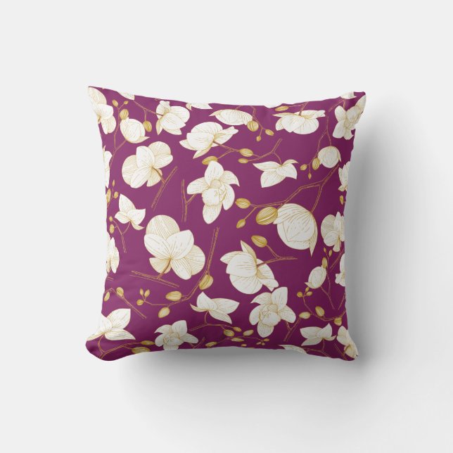 Gold & white elegant orchid floral modern cushion (Front)
