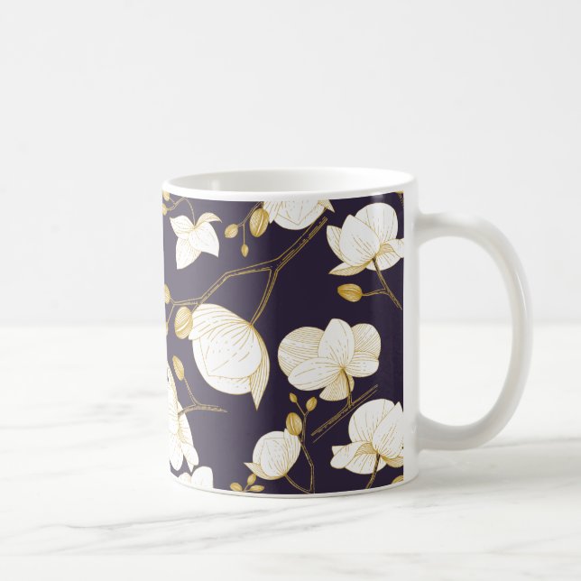 Gold & white elegant orchid floral modern purple coffee mug (Right)