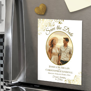 Gold & White Elegant Wedding Save Date Oval Photo Magnetic Invitation