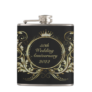 Gold & White Faux Glitter Floral Frame Hip Flask