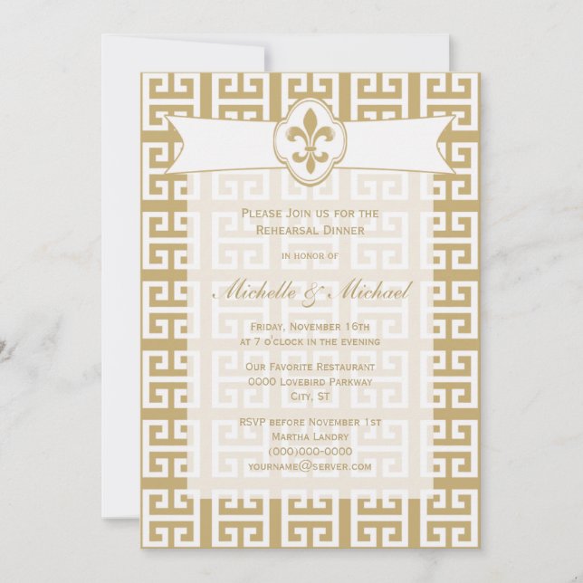 Gold White Fleur de Lis Greek Key Wedding Event Invitation (Front)