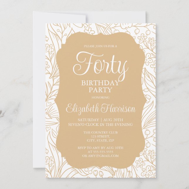 Gold White Flora Woman 40th Birthday Party Invitation (Front)