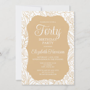 Gold White Flora Woman 40th Birthday Party Invitation