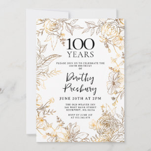 Gold White Floral 100th Birthday Party Invitation