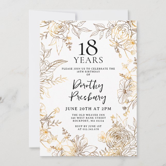 Gold White Floral 18th Birthday Party Invitation (Front)