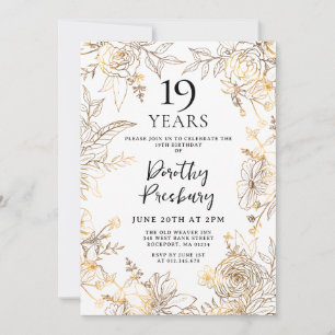 Gold White Floral 19th Birthday Party Invitation