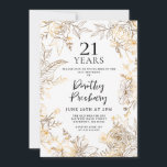 Gold White Floral 21st Birthday Party Invitation<br><div class="desc">Elegant gold line art roses and leaves surround your 21st birthday party details.</div>