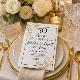 Gold White Floral 50th Anniversary Invitation