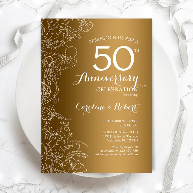 Gold White Floral 50th Anniversary Invitation (Creator Uploaded)