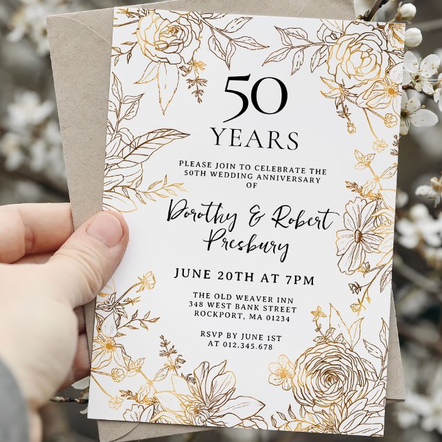Gold White Floral 50th Anniversary Invitation (Creator Uploaded)