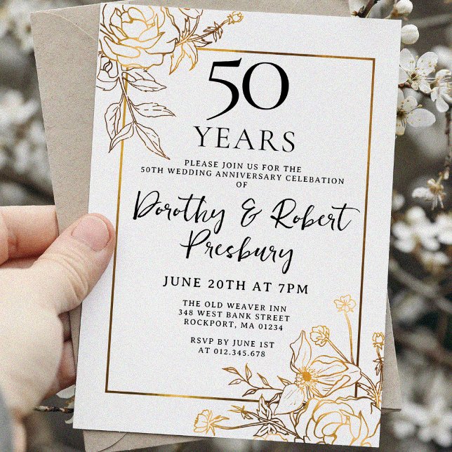 Gold White Floral 50th Anniversary Invitation (Creator Uploaded)