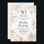 Gold White Floral 50th Birthday Party Invitation<br><div class="desc">Elegant gold line art roses and leaves surround your 50th birthday party details.</div>