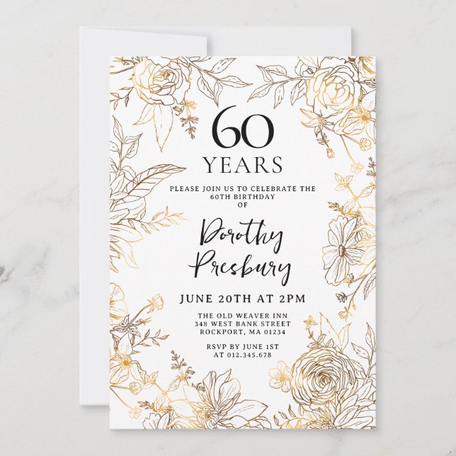 Gold White Floral 60th Birthday Party Invitation (Front)