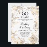 Gold White Floral 60th Birthday Party Invitation<br><div class="desc">Elegant gold line art roses and leaves surround your 60th birthday party details.</div>