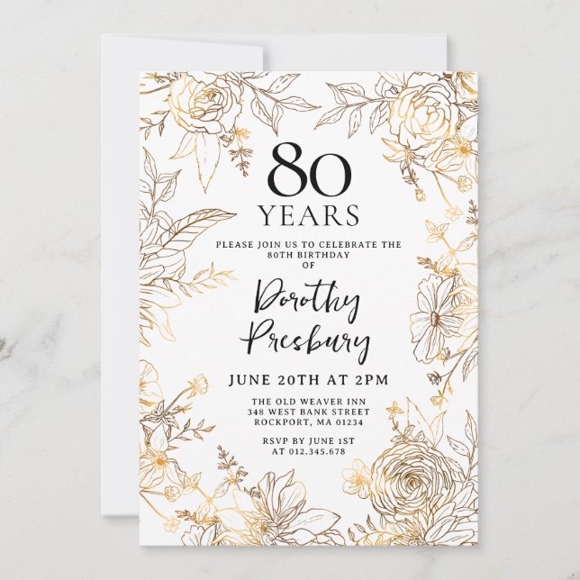 Gold White Floral 80th Birthday Party Invitation (Front)